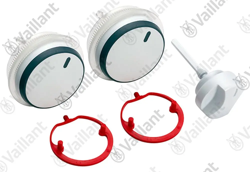 Set aus zwei weißen Knöpfen und zwei roten Halterungen, zusammen mit einem weißen Adapter, alles von der Marke Vaillant.
